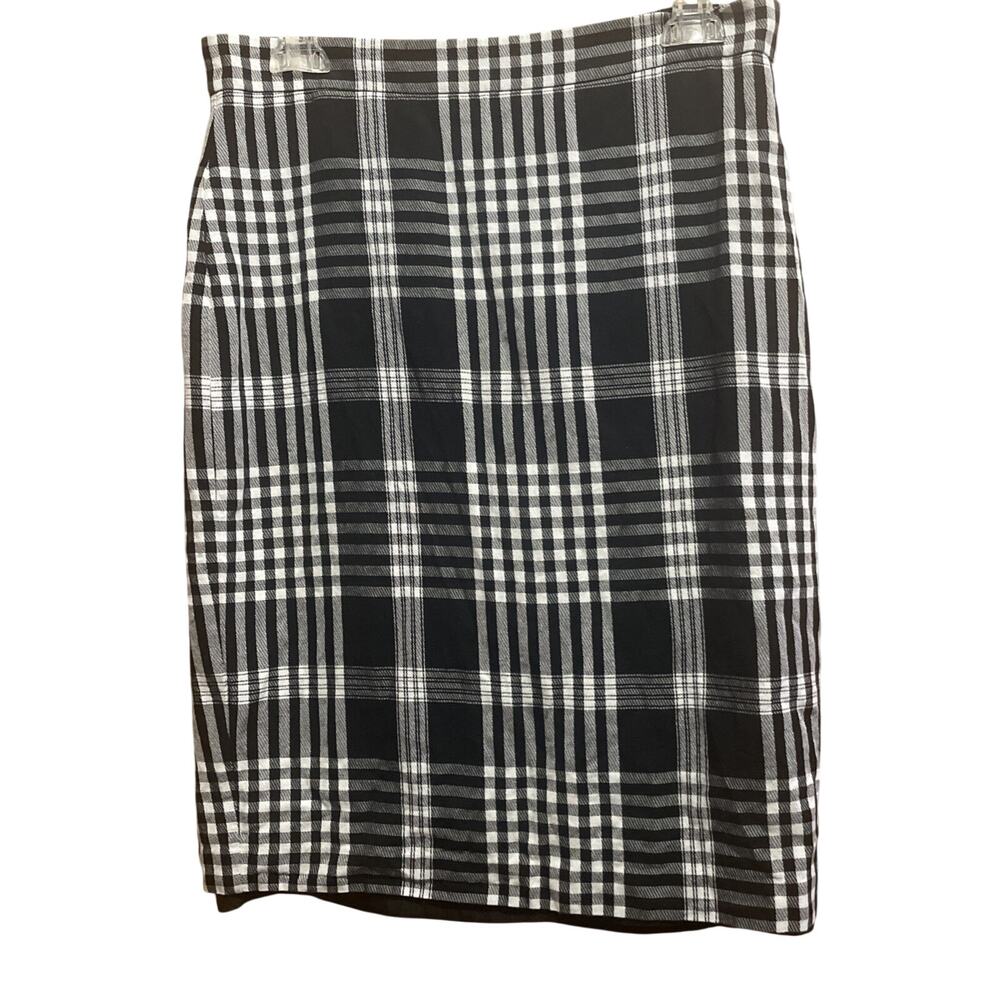 ANN TAYLOR Skirt Size 8 Linen Blend Plaid Pencil Black White Business Casual